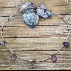 Peach Moonstone, Fluorite and Copper Beaded Necklace